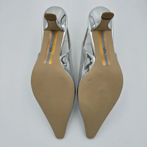 Sam Edelman Silver Pointed Toe Slingback Kitten Heels - Picture 11 of 16